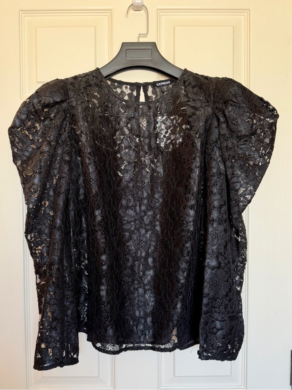 Express Blouse Small Black Lace Puff Sleeve Sheer Lined NWT